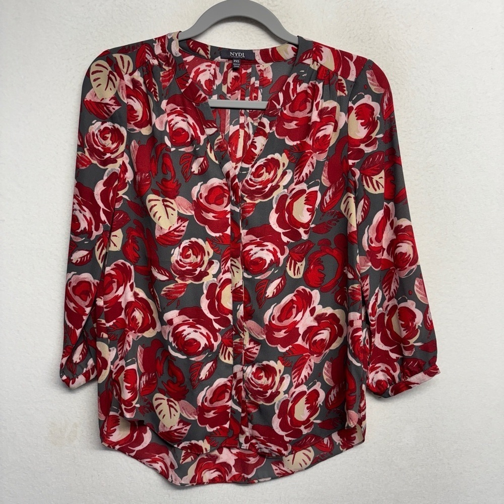 NYDJ PXS Floral Blouse Rose 3/4 Sleeve Button Down‎ Red Gray
